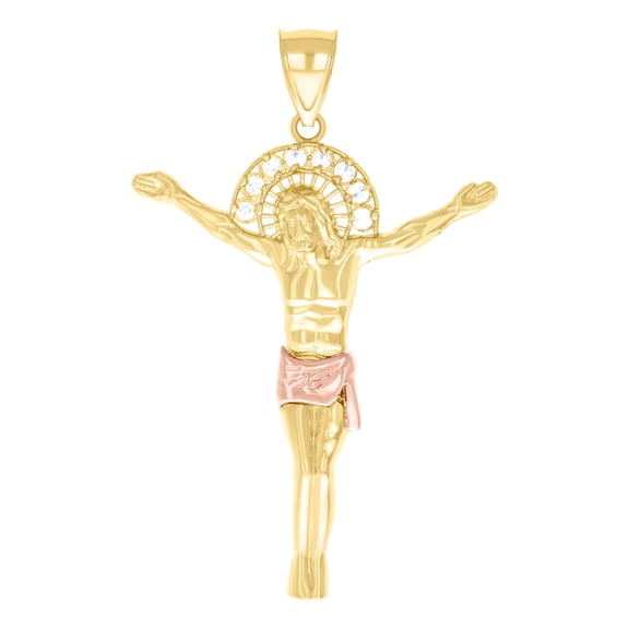 10k Two-tone Gold Mens Cubic Zirconia Jesus Christ Body Religious Charm Pendant 51.5x32.5mm Wide Necklace for Men