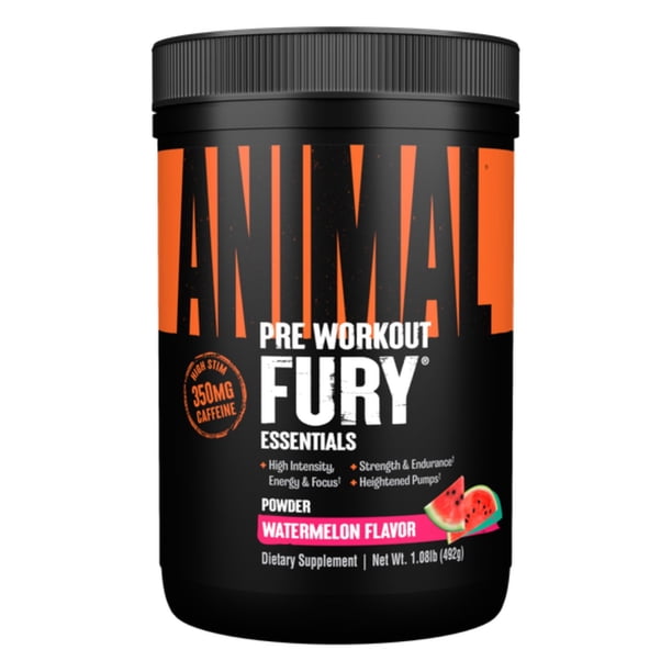 Animal Fury Pre Workout Powder Supplement for Energy and Focus 5g BCAA 350mg Caffeine Nitric Oxide Without Creatine Powerful Stimulant for Bodybuilders, Watermelon, Watermelon, 16.96 Ounce