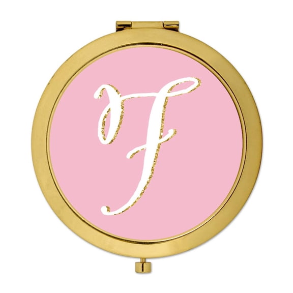 Koyal Wholesale Gold Compact Mirror Bridesmaid's Wedding Gift, Blush Pink Faux Gold Glitter, Monogram Letter F, 1-Pack