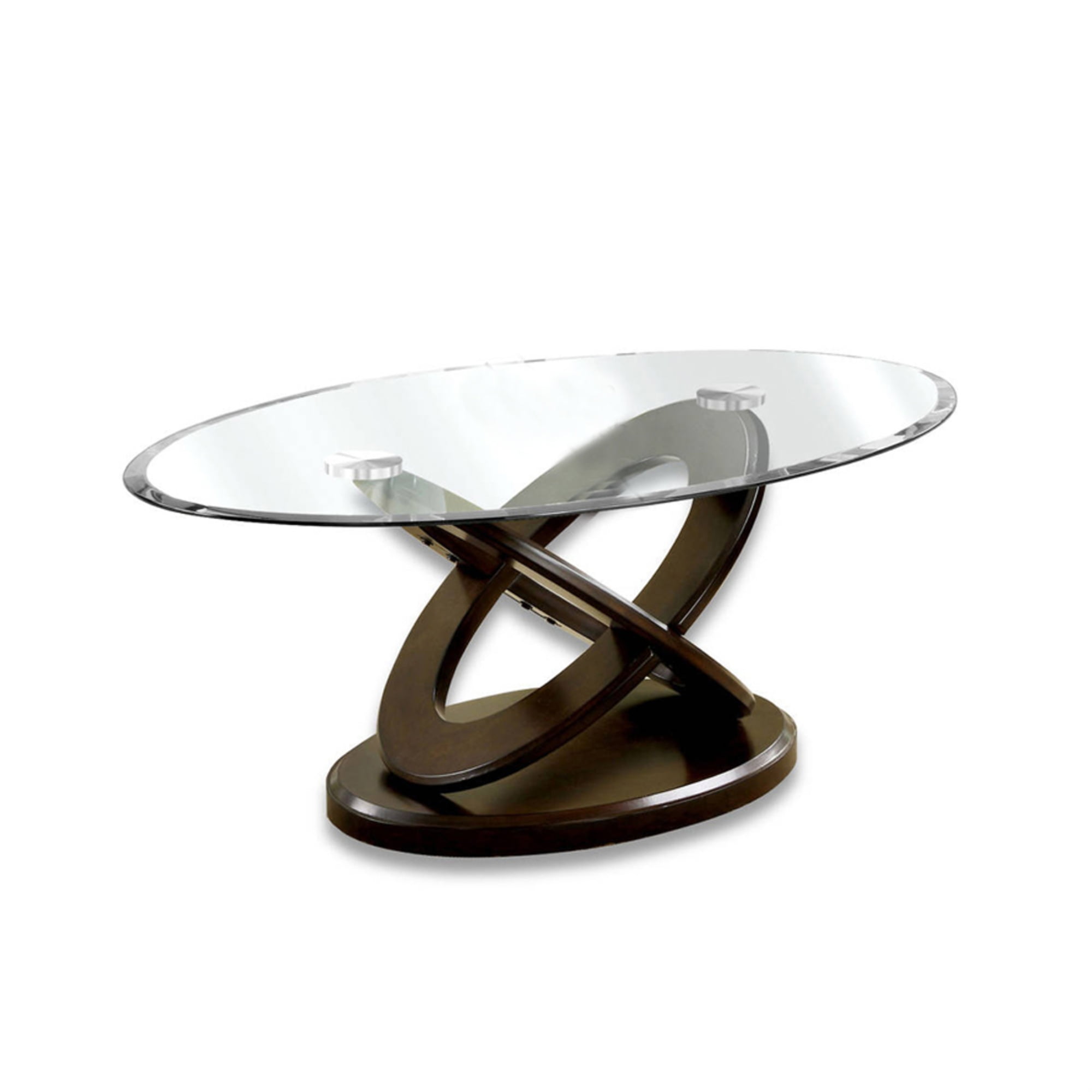 Oval Glass Top Coffee Table with Cross Oval Base, Brown and Clear