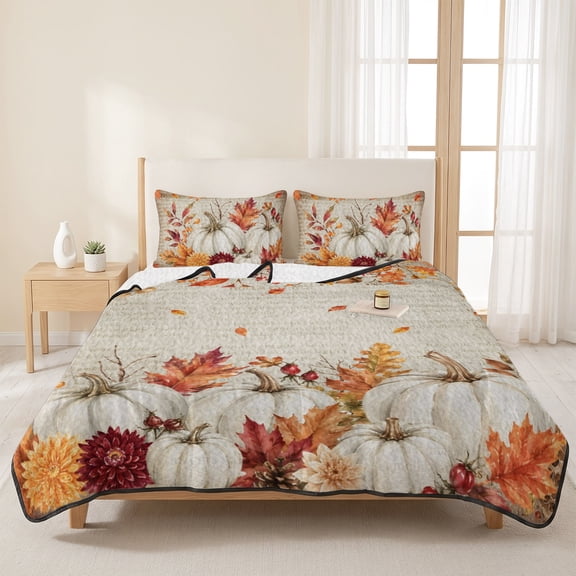 3 Pieces Queen Quilt Set,Vintage Fall Thanksgiving Pumpkin Soft Bedding Sets with 1 Quilt & 2 Pillow Shams,Farmhouse Maple Leaves Summer Bedspread Lightweight Coverlet Comforter for All Season