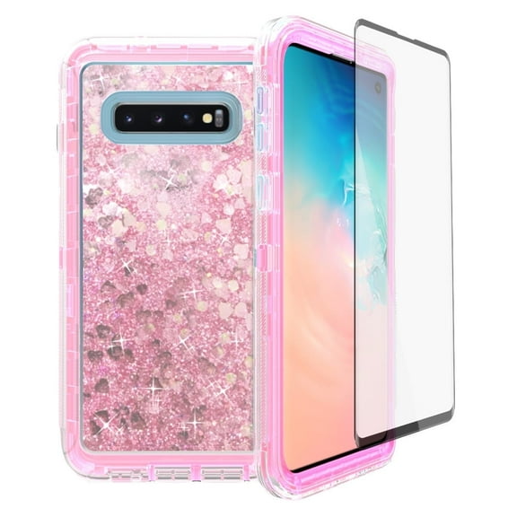 Compatible with Samsung Galaxy S10 Phone Case Tempered Glass Screen Protector Bling Liquid Glitter Clear Hybrid Shockproof TPU Military Grade Protective Heavy Duty Cell Cover for S 10 10S GS10 Pink