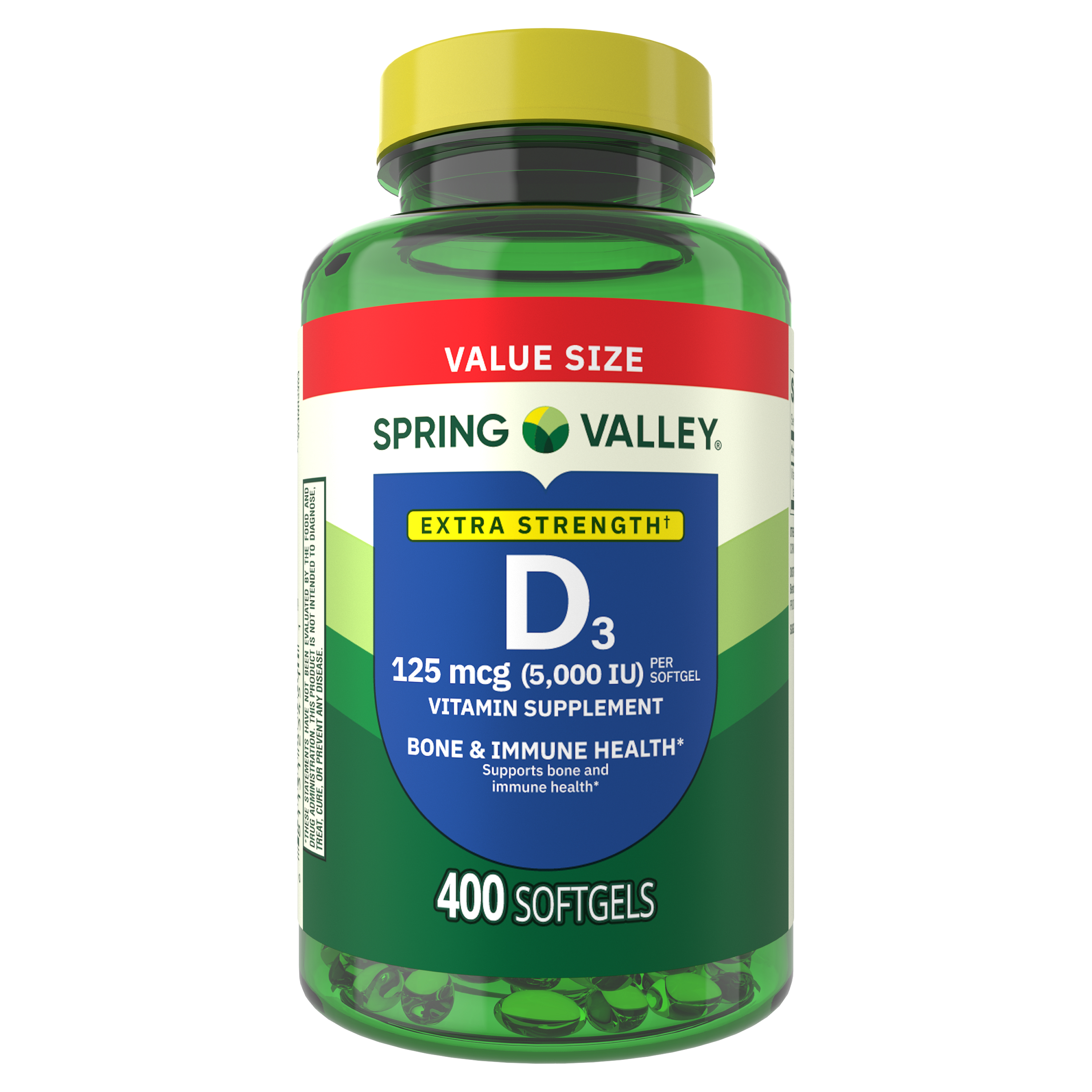 Spring Valley Extra Strength Vitamin D3, 125 mcg (5000 IU), 400 Count, Supplement Softgels for Bone and Immune Health