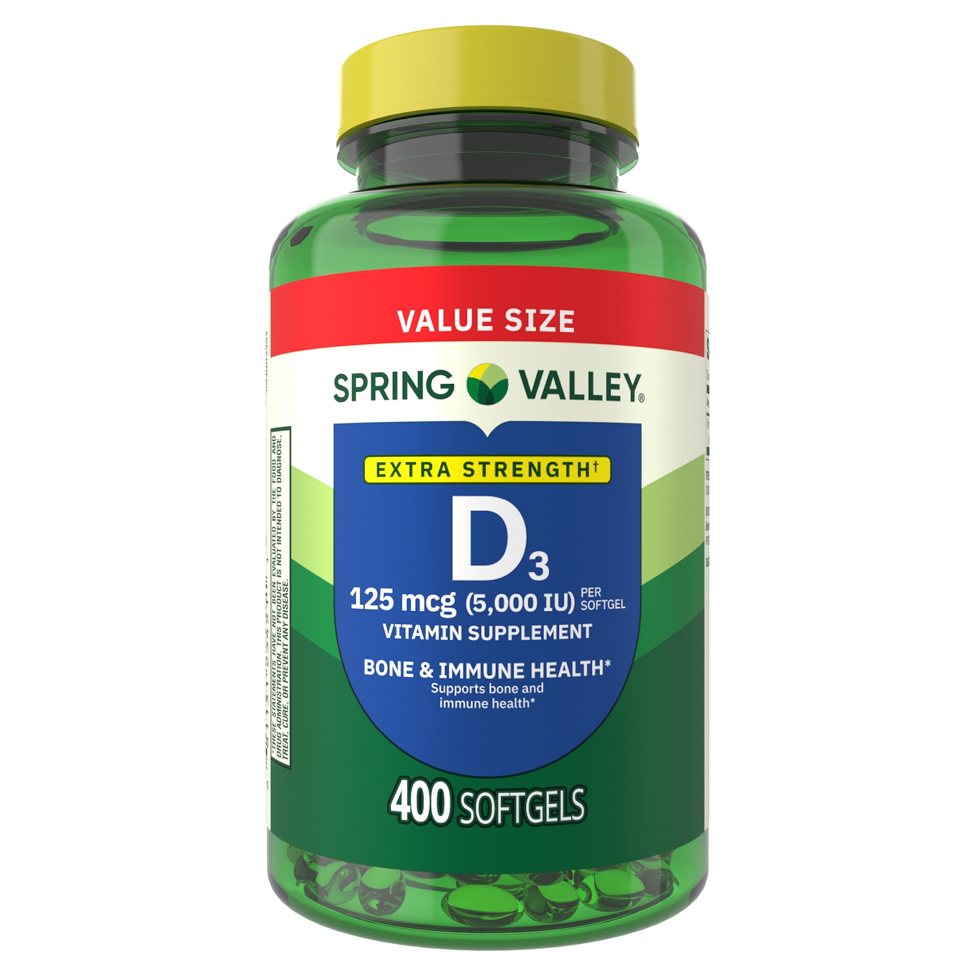 Spring Valley Extra Strength Vitamin D3, 125 mcg (5000 IU), 400 Count, Supplement Softgels for Bone and Immune Health