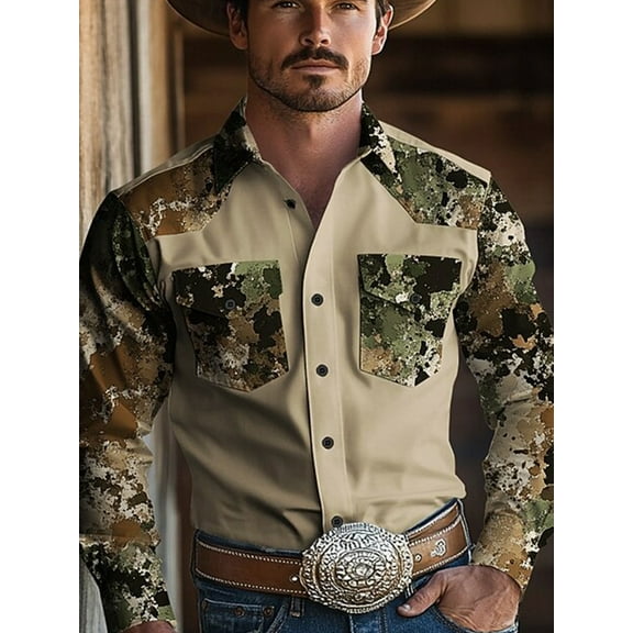 Men's Camouflage Western Shirt Camo Printed Long Sleeve Shirts Casual Button Down Lapel Collar Blouse Western Cowboy Shirt Tops Khaki 3XL