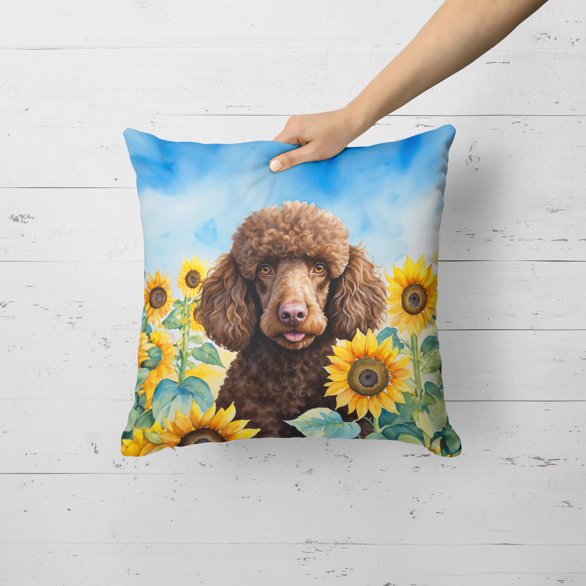Chocolate Poodle in Sunflowers Throw Pillow 18 in x 18 in