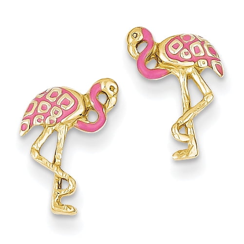 14k Yellow Gold Pink Enameled Flamingo Post (9x13mm) Earrings by
