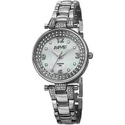 August Steiner Womens Diamond Watch - Diamond Hour Markers on White Mother of Pearl Dial On Crystal Accented Silver Stainless Steel Bracelet - AS8137
