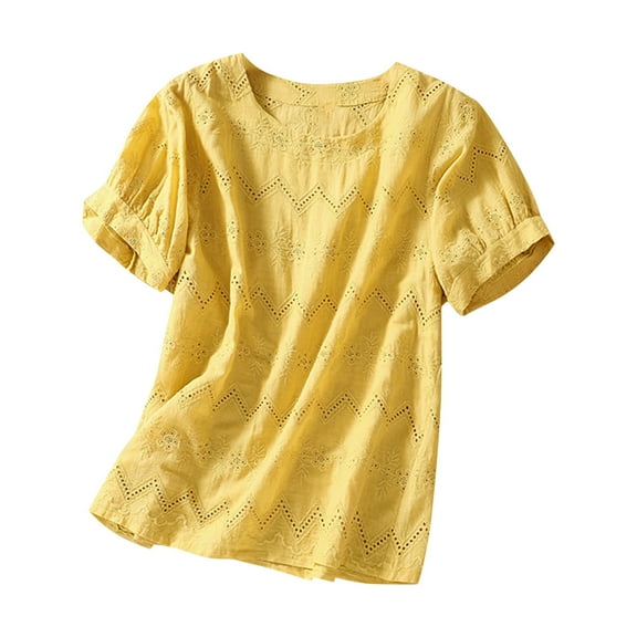 Charella Ladies Cotton Linen Tops Casual Trendy Eyelet Crew Neck Short Sleeve T Shirts Summer Hollow Solid Color Blouses (L, Yellow)
