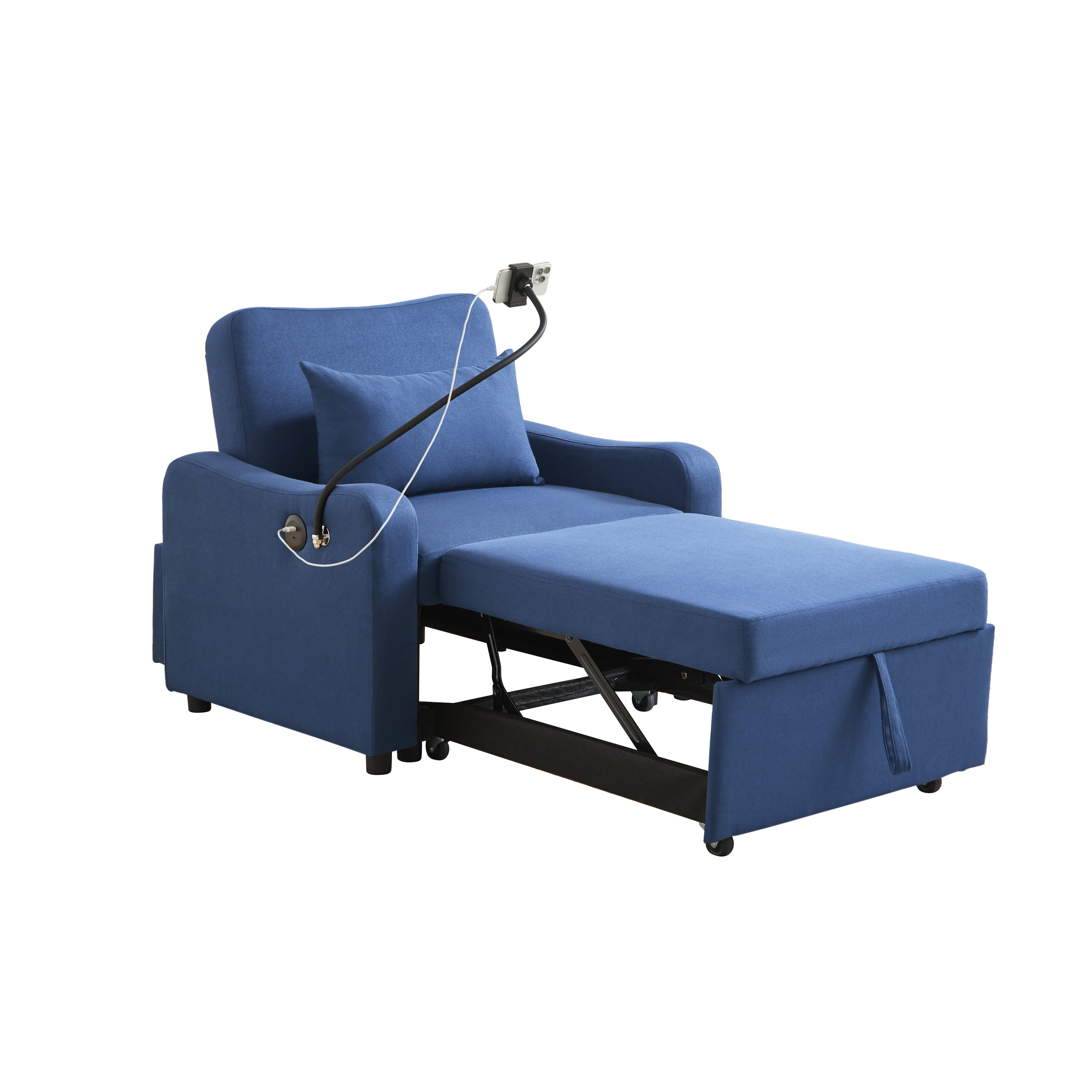 Leumius Convertible Sleeper Sofa Chair Bed,3 in 1 Linen Single Sofa with USB Port and Phone Holder,Pull Out Couch Recliner with Adjustable Backrest for Living Room, Office, Small Place,Dark Blue