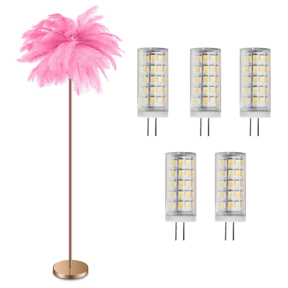 Feather Floor Lamp for Living Room, Fluffy Ostrich Feathers Lamp, Rose Gold Color Body with 5 standard G4 Bulbs - Pink