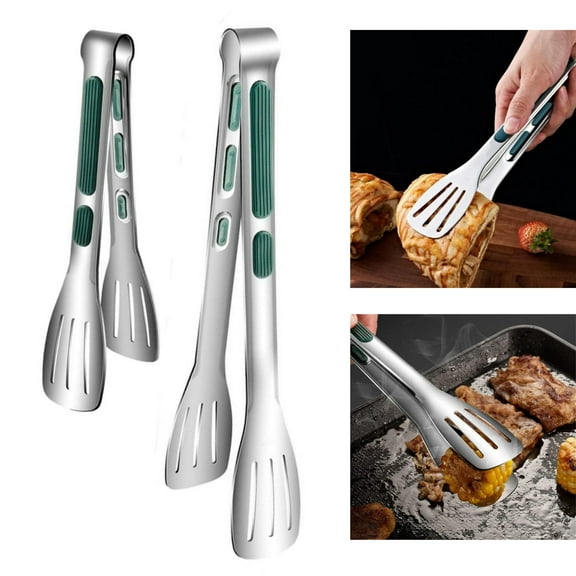 2Pcs Heat Resistant Cooking Tongs,Green Stainless Steel Serving Tongs with Handle for Kitchen,Non-Slip Clamp for Fish,Burgers,Pancakes,Cutlets(9inch and 12inch)