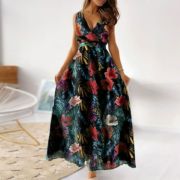 AOOCHASLIY Ladies' Holiday Dress Ladies V Neck Party Dresses for Women Casual Relaxed Fit Chiffon Summer Dress Trendy Floral Printed Bohemian Dress Short Sleeve Wedding Guest Dresses