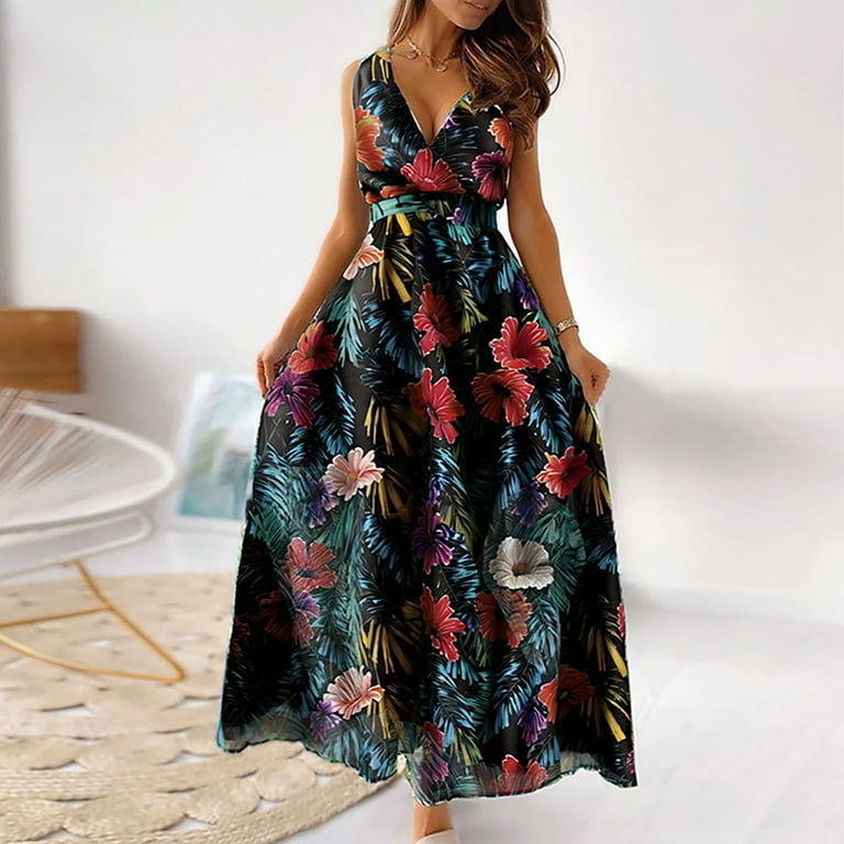Bohemia Sleeveless Print Maxi V neck High waist Vacation Dresses Bohemia Sleeveless Print Maxi V neck High waist Vacation Dresses