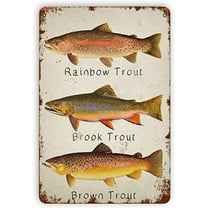 Fish Rainbow Trout Brook Trout Brown Trout Metal Tin Signs Reproduction, Vintage Wall Decor Retro Art Tin Sign Funny Decorations for Home Bar 8X12inch