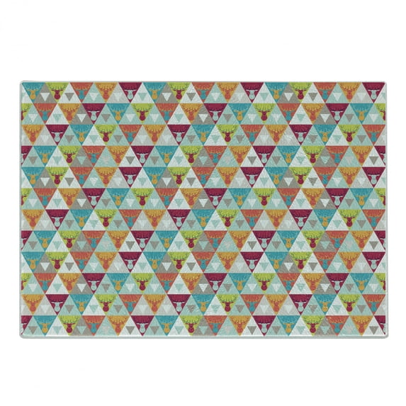 Indie Cutting Board, Triangles Pattern with Deer Elk Portraits Geometric Colorful Funky Hipster Tile Urban, Decorative Tempered Glass Cutting and Serving Board, Small Size, Multicolor, by Ambesonne