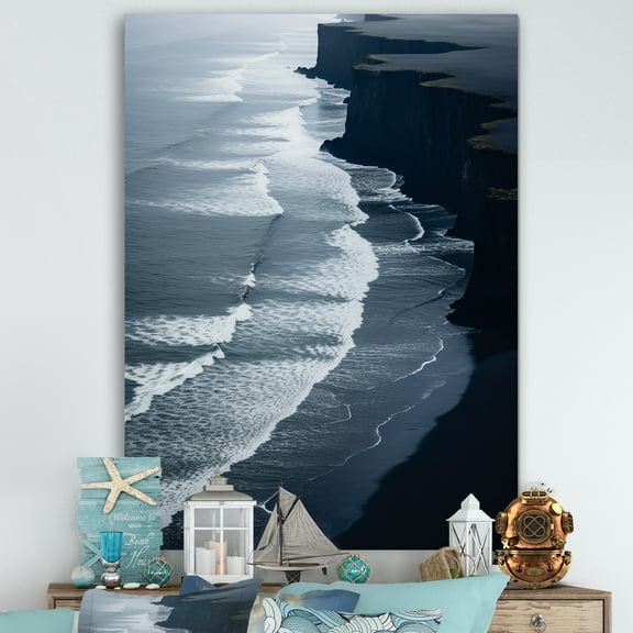 Designart "Coastal Beauty Aerial View of Black Sand Beach I" Beach Canvas Wall Art - Coastal White Beach & Ocean Bedroom Canvas Wall Art