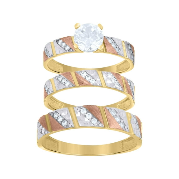 10kt Real Tri-Color Gold Womens Cubic-Zirconia Trio Ring Set