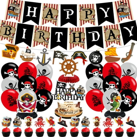 Pirate Decorations PriNst - Pirate Party Decorations Pirate Decorations for Men, Boys, Kids, Him, Happy Banner Balloons Cake Toppers Pirate Centerpieces Themed Party Supplies