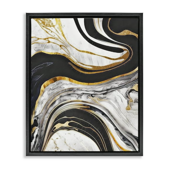 Stupell Industries Marbled Fluid Gold Accent Abstract Painting Black Floater Framed Canvas Art Print Wall Art, 17 x 21