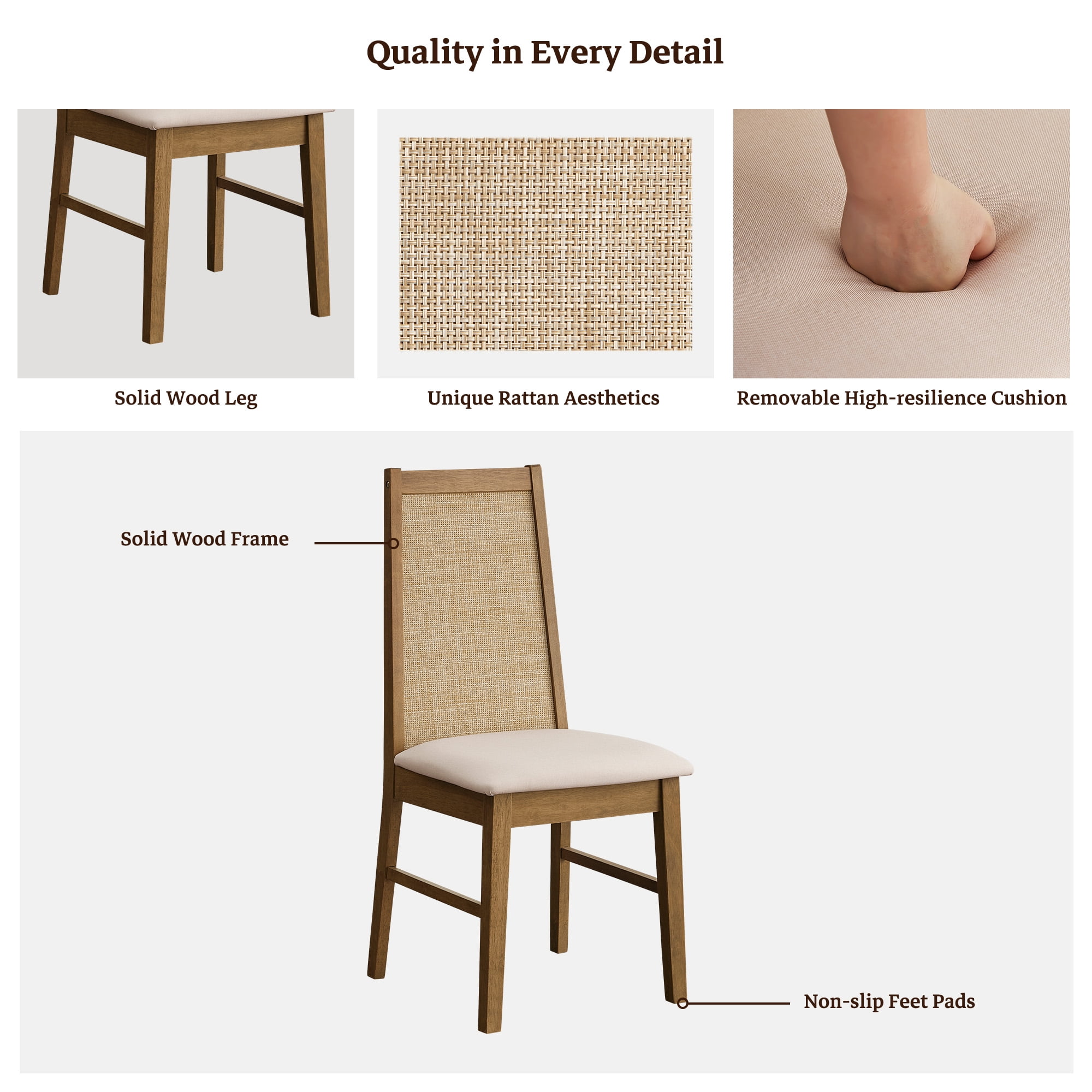 SICOTAS Solid Wood 3-Piece Small Round Dining Table Set for 2, Mid-Century Modern Natural Rattan 47" Kitchen Table with 2 Upholstered Dining Chairs for Kitchen, Dining Room, or Living Room