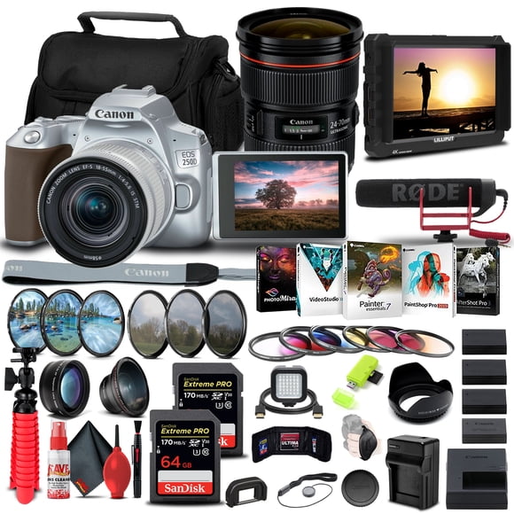 Canon EOS 250D / Rebel SL3 DSLR Camera with 18-55mm Lens (Silver) (3461C001)  + Canon EF 24-70mm f/2.8L II USM Lens (5175B002) + 4K Monitor + Pro Mic + 2 x 64GB Memory Card + Color Filter Kit + More