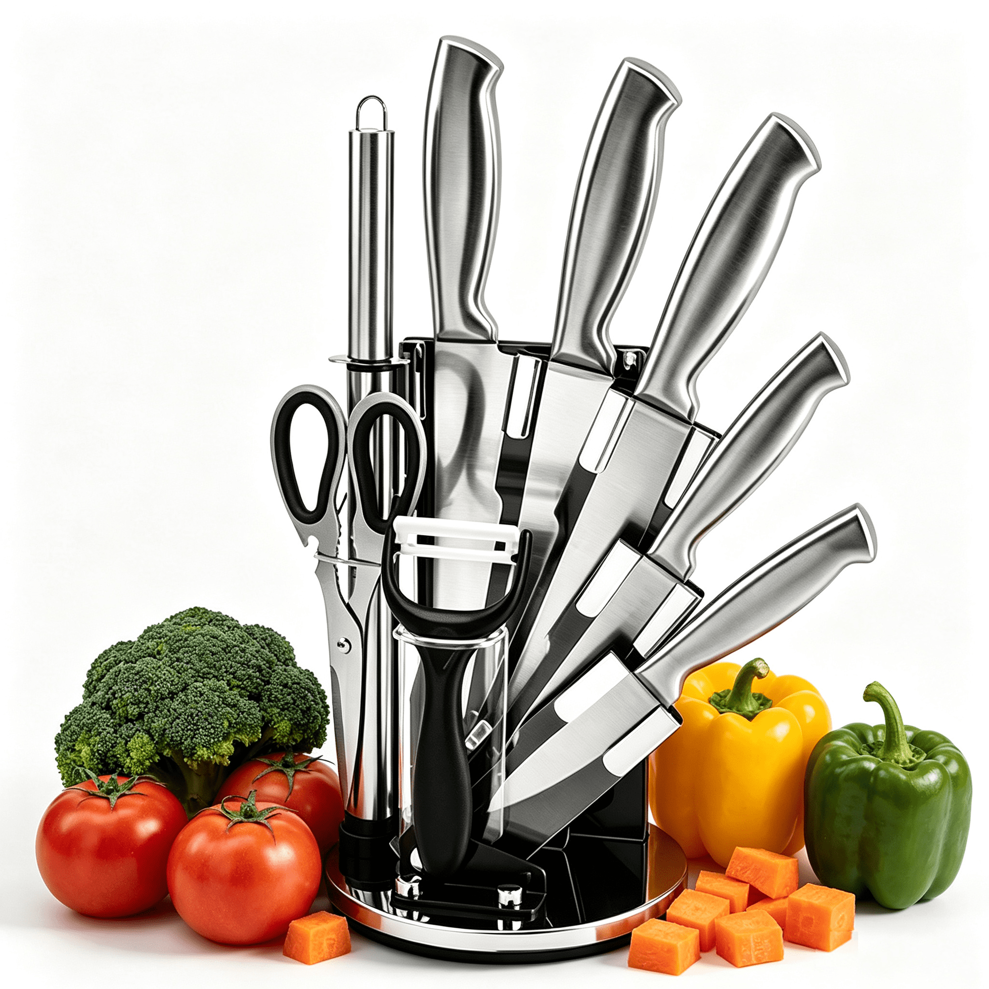 9-Piece Knife Set with 360° Rotating Block, High Carbon Stainless Steel Kitchen Knife Set with Sharpener, Razor Sharp Chef Knives, Anti-Rust Cutlery Set for Meat Chopping, Meal Prep and Kitchen Use
