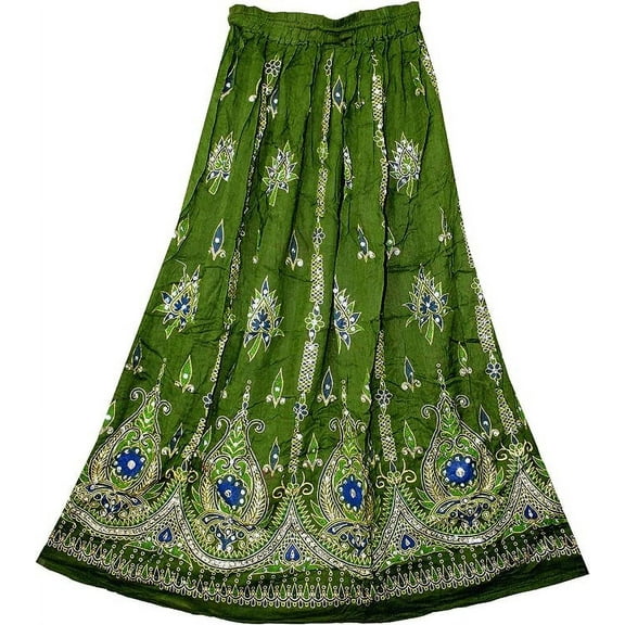 Sharvgun Indian Skirt Long With Sequins Embroidered Design Drawstring Fashions Tie Dye Dark Green