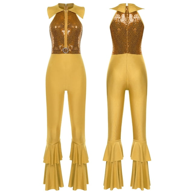 Nyeemya Combinaison Évasée pour Femmes, Justaucorps de Danse Scintillant, Sans Manches, Ensemble de Pantalons, Doré m