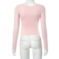 thumbnail image 4 of Lenpel Women's Crop Tops Long Sleeve Square Neck Ruched Side Split Slim T-Shirts Cropped Tee Blouses Going out Tops(Pink,X-Small), 4 of 5