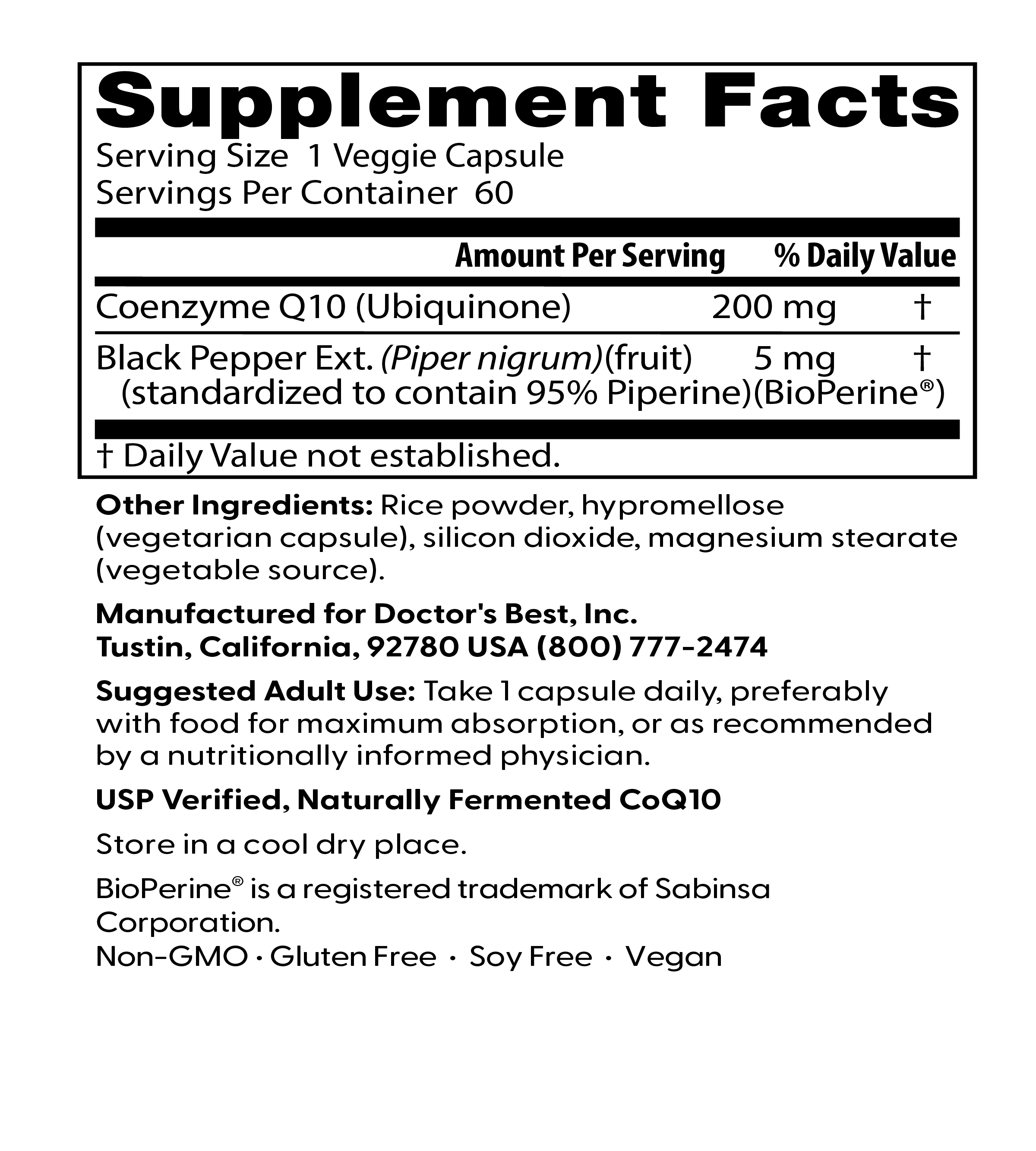 Doctor's Best High Absorption CoQ10 + BioPerine Capsules, 200 Mg, 60 Ct
