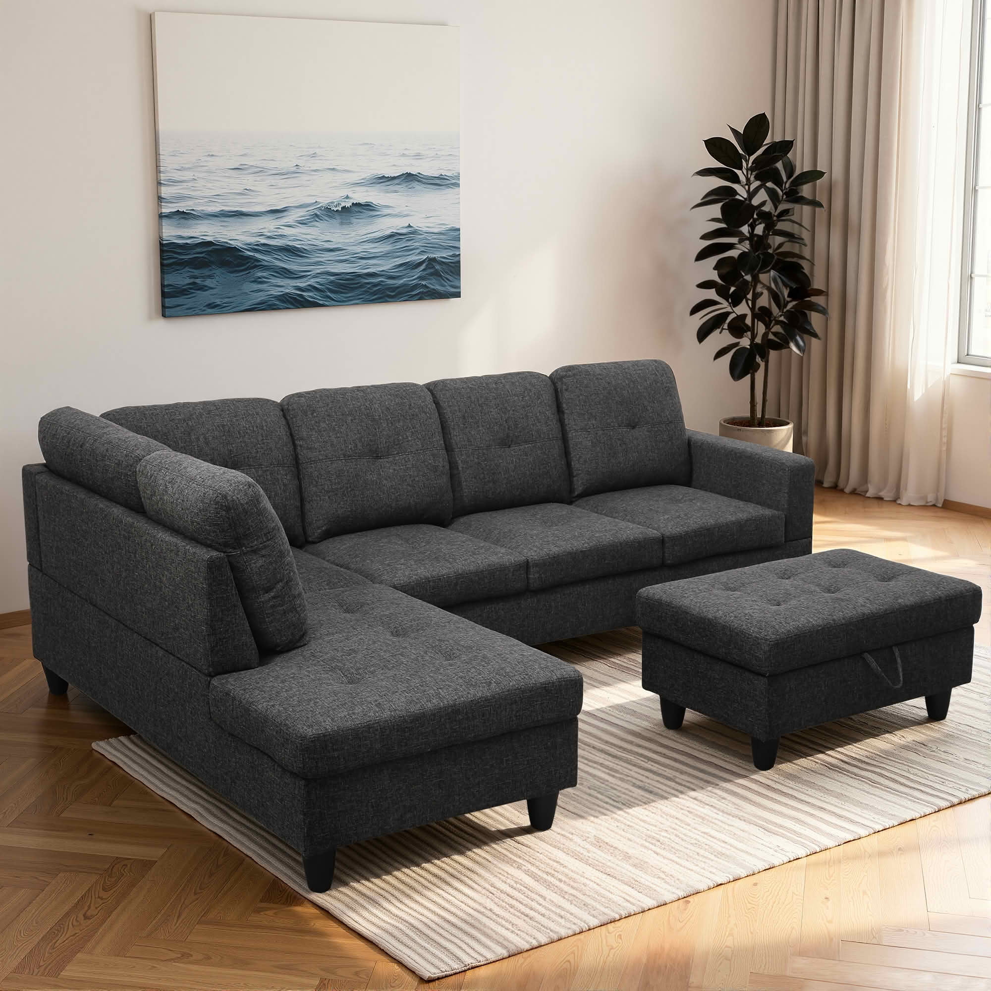 MAYEERTY 103.5" Black Gray Flannel & Faux Leather L-Shaped Sectional Sofa, 3 Piece Tufted Corner Couch with Storage Ottoman Solid Wood Frame