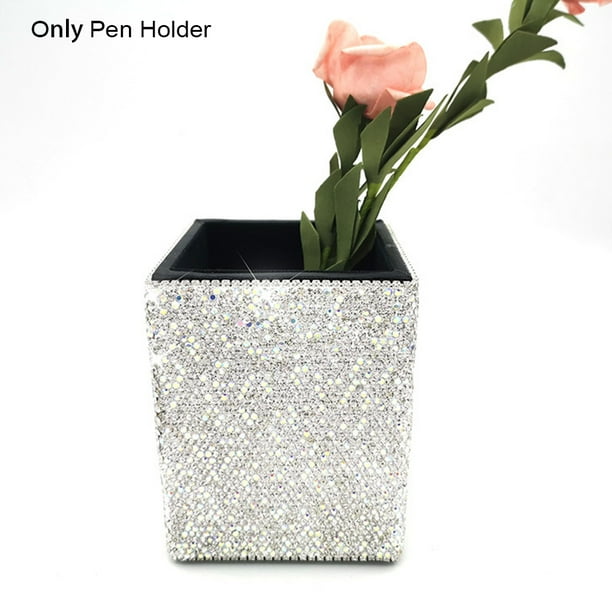 Kasclino Portable Bling Rhinestone Gift Pen Holder Round Square Cosmetic Desk Organizer Com Kasclino Portable Bling Rhinestone Gift, Bling Desk Organizer Set