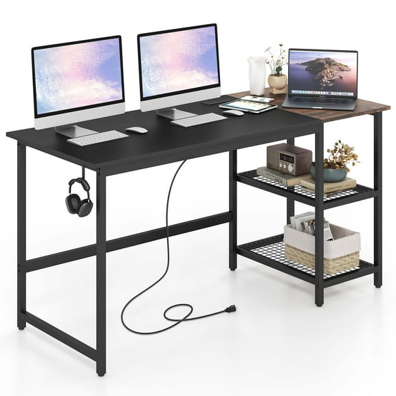 Costway 59" Computer Desk PC Laptop Workstation w/ Charging Station & Storage Shelves