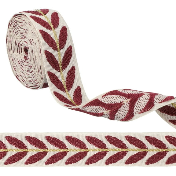 3 Yards Jacquard Ribbon Trim, 0.98 Inch Leaf Pattern Decorative Fabric Woven Embroidery Trim for Sewing Crafts, Burgundy