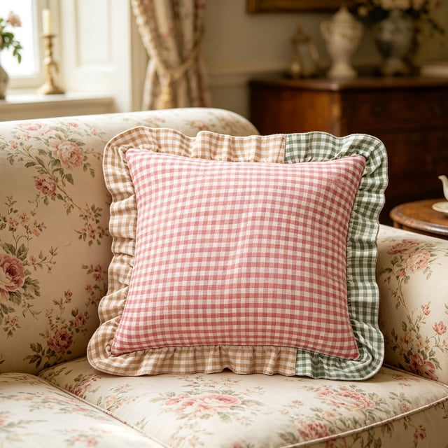 Linnome Plaid Ruffled Throw Pillow Three Color Patchwork Heart Decorative Cushion for Sofa Bedroom 17.72x17.72in