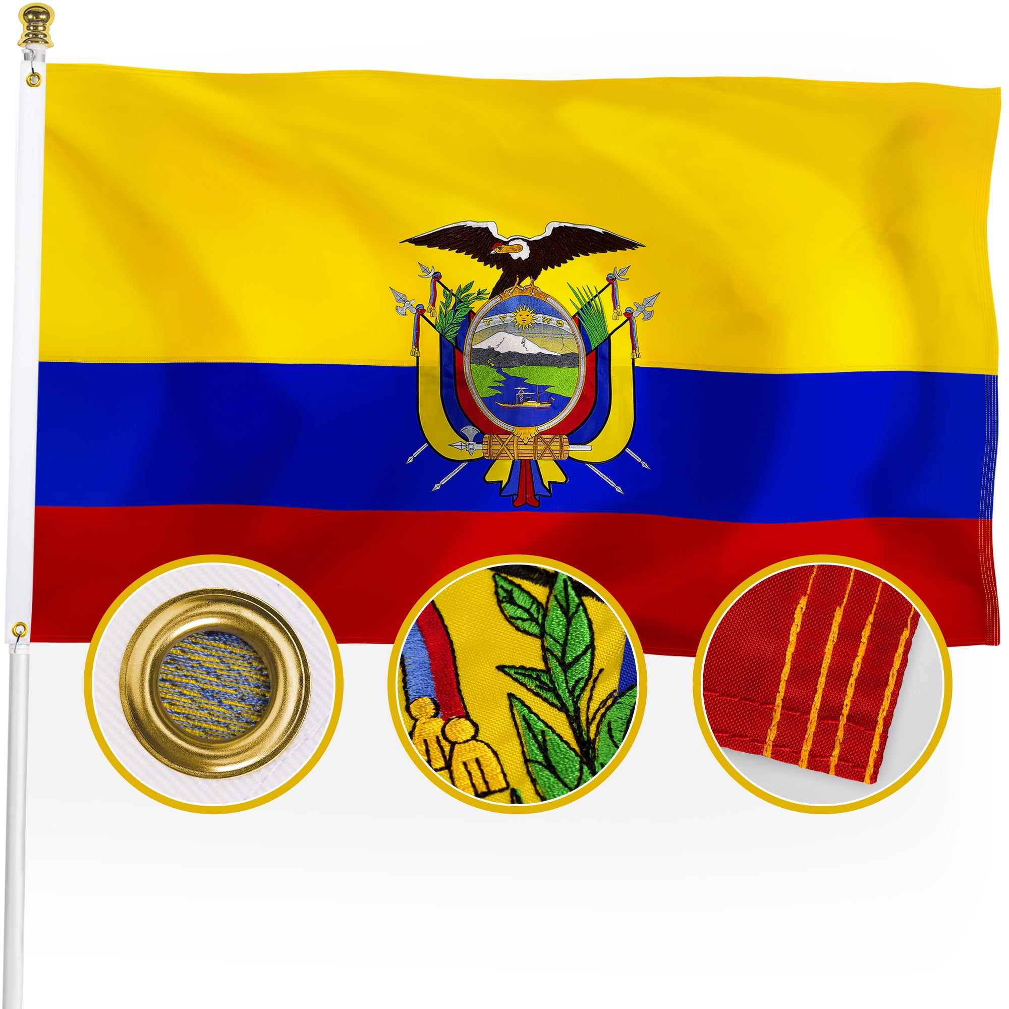 DANF Embroidered Ecuador Ecuadorian Flag 3x5 Outdoor, Double Sided