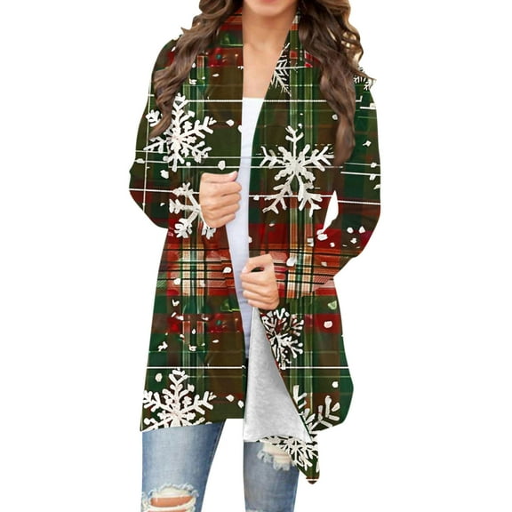 Women Christmas Cardigan Sweater Xmas Snowflake Graphic Long Sleeve Open Front Casual Lightweight Holiday Outwear