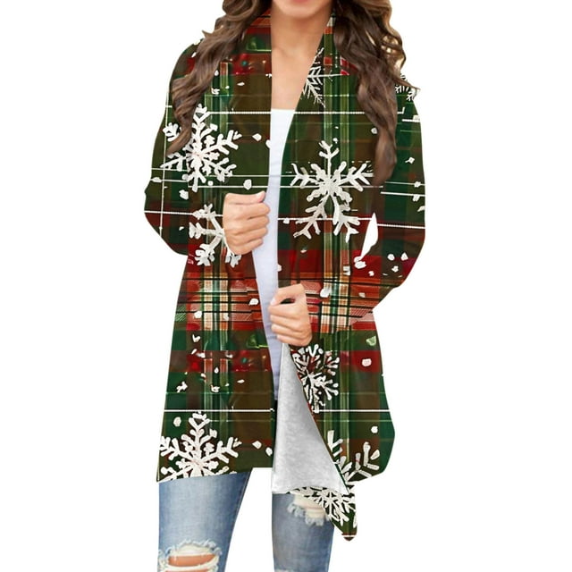 Cárdigan de manga larga con estampado navideño de moda para mujer, chaqueta de poliéster para mujer