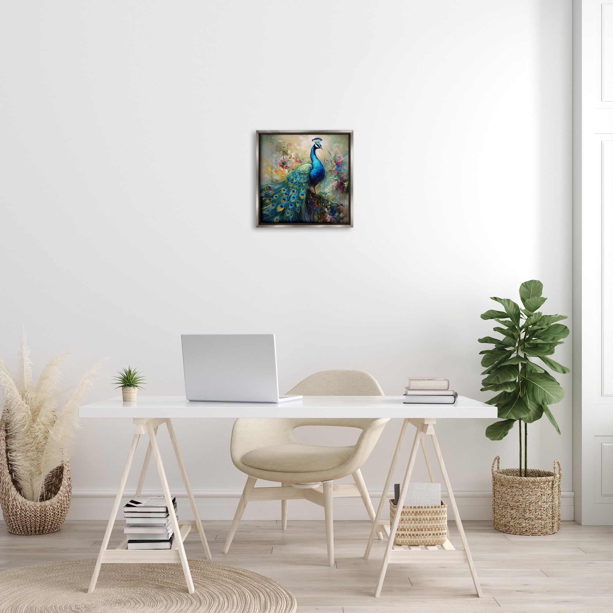 Stupell Industries Floral Peacock Pattern Animals & Insects Painting Gray Floater Framed Canvas Art Print Wall Art, 18 x 18