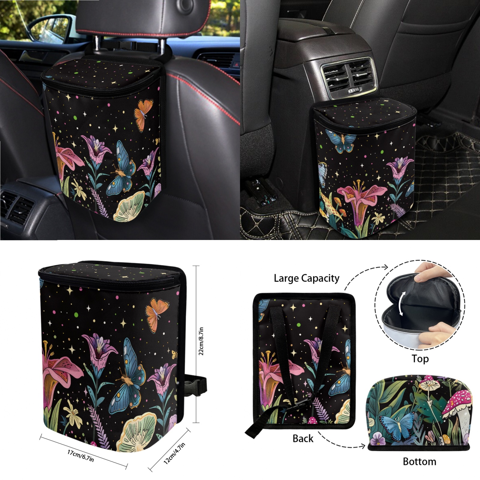 Garronmavis Aesthetic Butterfly Petunia 15 PCS Car Seat Cover Full Set 4 Pieces Car Seat Covers Steering Wheel Cover Keychain Car Trash Bag Car Dash Accessories Rearview Mirror Cover Car Coasters