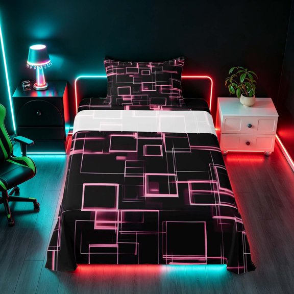 Manfei Abstract Neon Square Twin Sheets, Geometric Line Bedding, Light Pink and Black, Black Reversible 3-Piece1 Flat Sheet 1 Fitted Sheet 1 Pillowcase