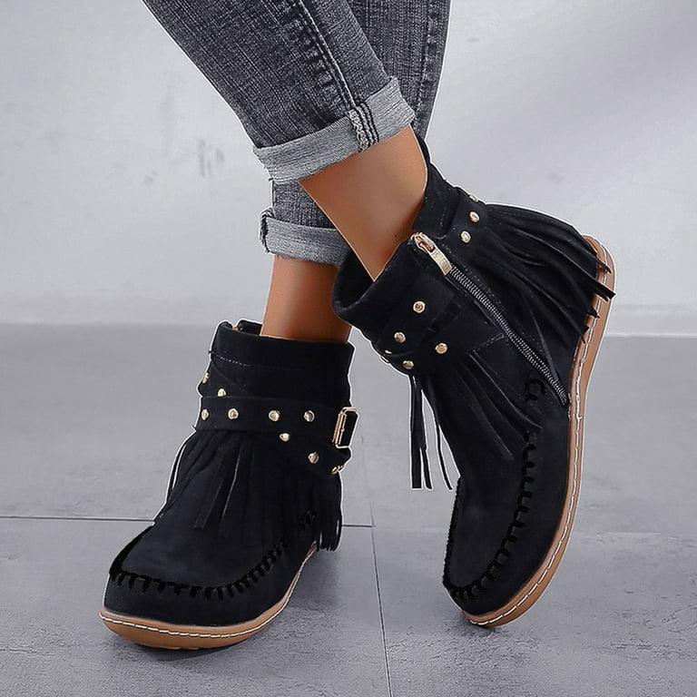 Slouch Boots Black Suede Ankle Boots With Tassels Miluxas Women's