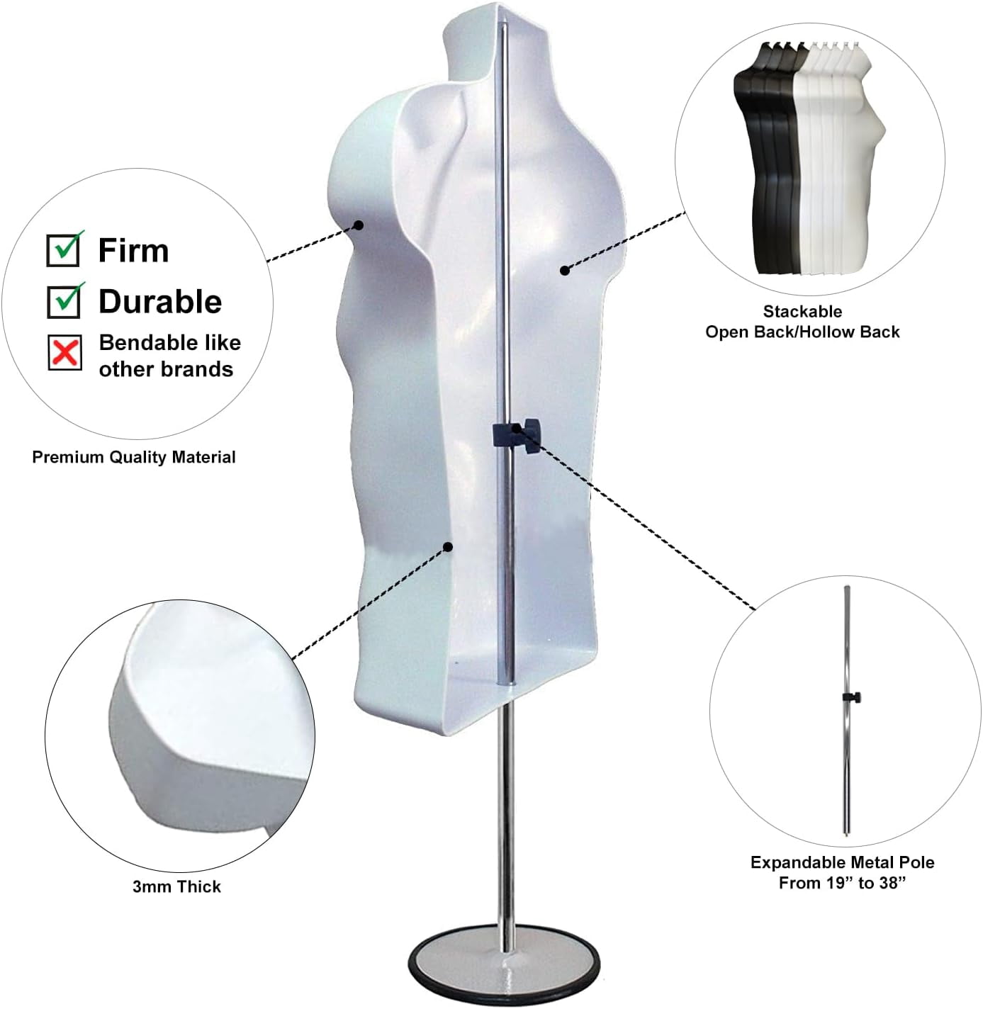 DisplayTown 2 Pack White Male Mannequins Hollow Back Body Torso w/ Metal Stands with Metal Pole & Hanging Hook for Tshirt Display, S-M Sizes