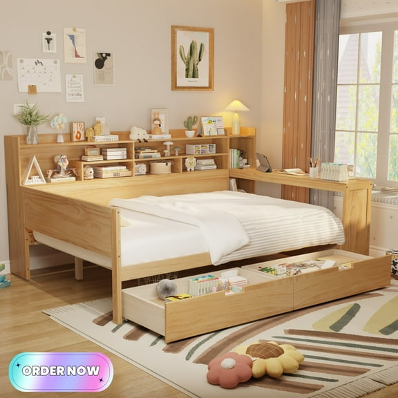 Tcbosik Full Size Daybed with Writing Desk and 2 Storage Drawers, Sofa Bed Frame with Open Shelves, Wooden Slats Support, Space Saving, Natural