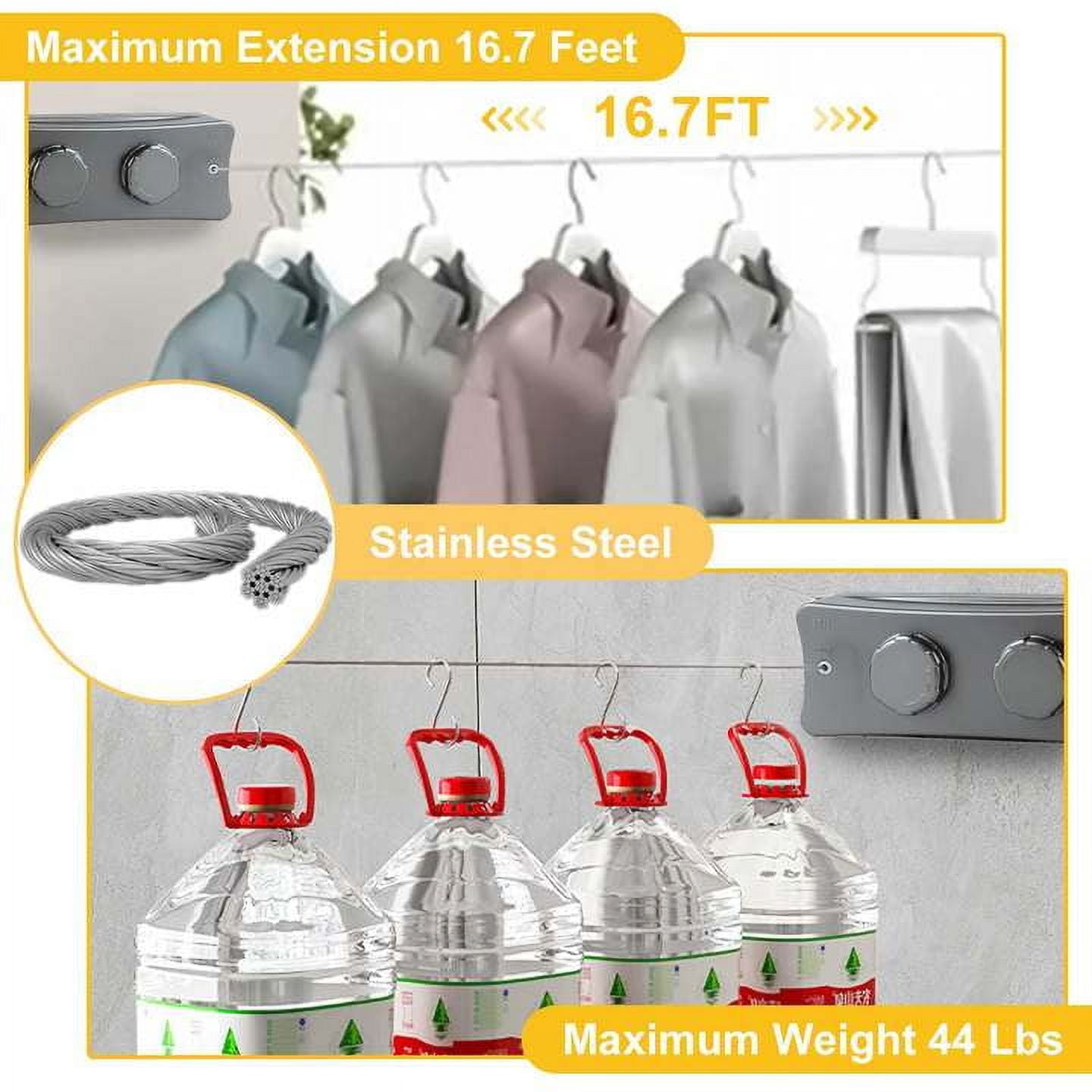 2-Line Heavy Duty Retractable Clothesline Walls Stainless Steel Clothes Drying Laundry for Outdoor Indoor, Hanging Clothes Line 16.7Ft Steel Wire (Gray)