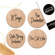 Round Wood Tag Label for Storage Bin | 12 Wooden Tags Precut Hole & Nature Jute Twine | Wood Circle Ornament Craft |