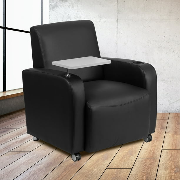 Flash Furniture Black LeatherSoft Guest Chair with Tablet Arm, Front Wheel Casters and Cup