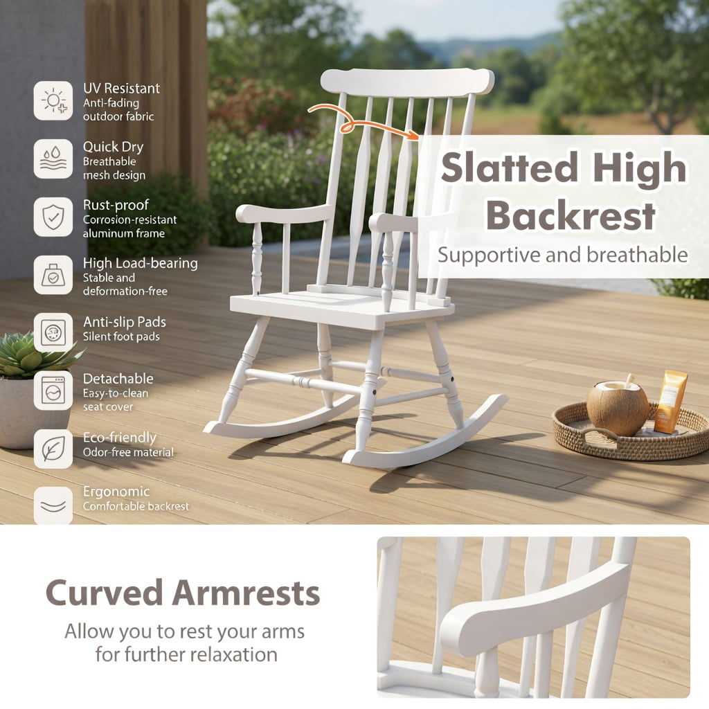 Hommoo Solid Rubber Wood Rocking Chair for Patio, Garden & Indoor Use, Ergonomic Outdoor Rocker with High Back & Curved Armrests, White