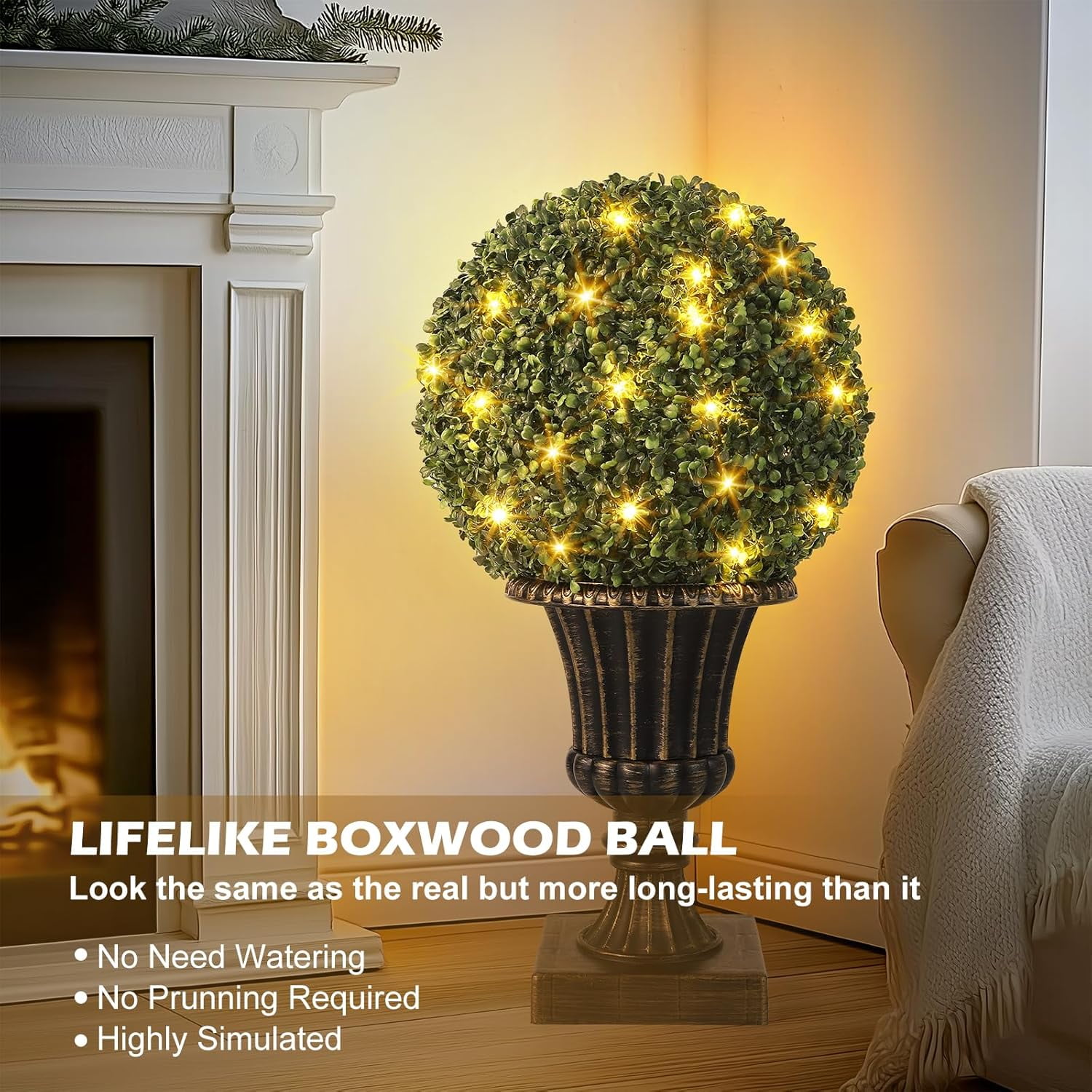 2 PCS 16 inch Artificial Plant Topiary Balls,Faux Boxwood Decorative Balls with Sturdy Pot Base,Pre-Lit Waterproof Fake Greenery Plants Ball for Backyard Garden Wedding Home Decor
